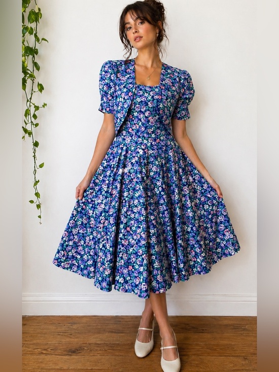 Glenfrey Dresses & Skirts - Glenfrey 90s Blue Floral Prairie Vintage Midi Cottagecore Puff Sleeve Dress 13